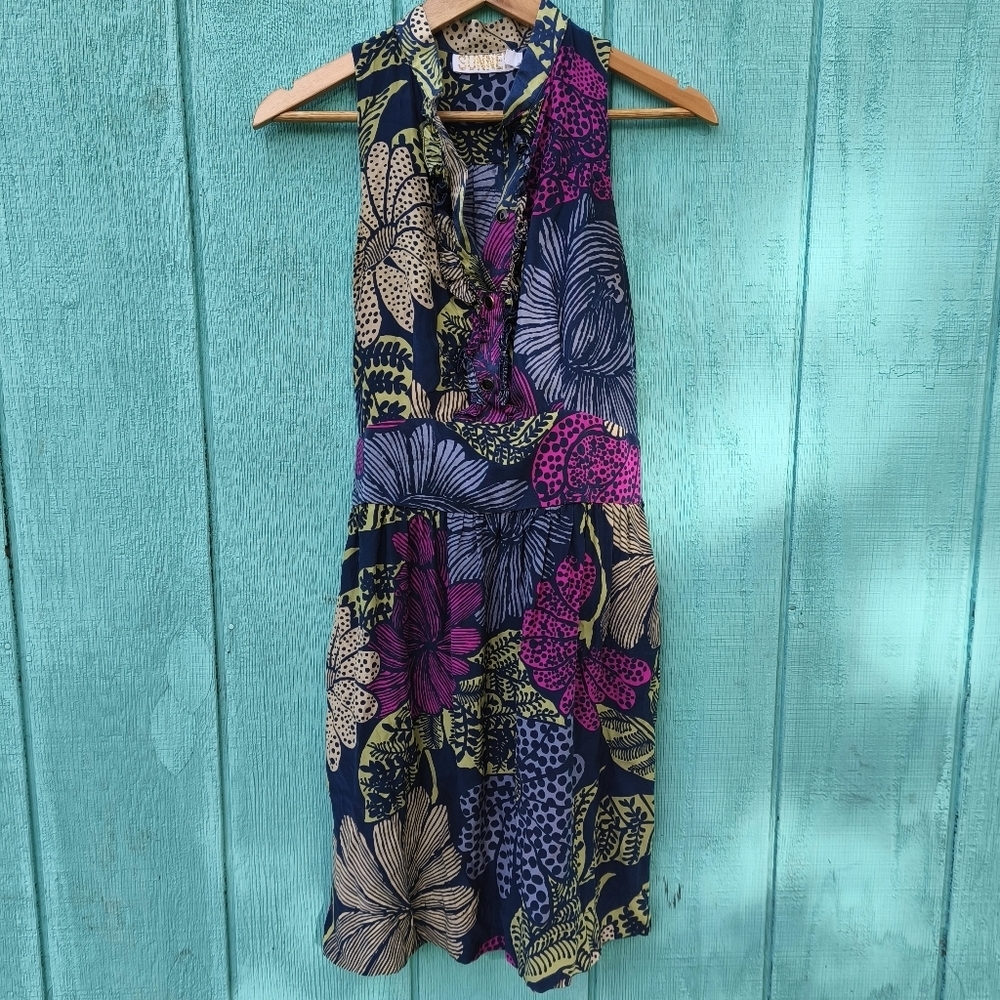 Australian Sunner 100% Silk Floral Sleeveless sz 6 Navy Purple Beach Feminine
